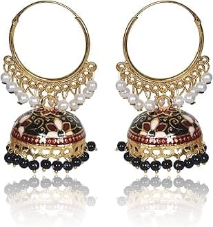 Nilu's CollectionGold Plated Chandbali Earrings with Pearls, Jhumka Style, Latest Stylish Traditional Hoop Jhumki Earrings for Women & Girls