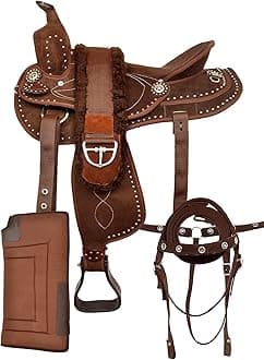 Classic Quality Western Synthetic Comfort Barrel Racing Trail Tack Equestrian Horse Saddle All Accessories Included (16 inches, Brown)