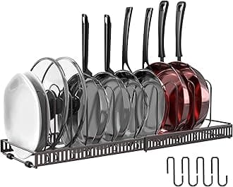Puricon Pan Stand, Telescopic 10 Compartment Pot Lid Pan Rack, Kitchen Multifunctional Lid Storage Rack with 4 Hooks, Bronze