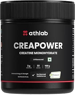 Athlab (by Nutrabay) CreaPower Micronized Creatine Monohydrate Powder - 100g | 100% Creapure® from Germany | NABL Lab Tested | 3g Creatine/Serving | Increases Muscle Mass, Strength, & Power