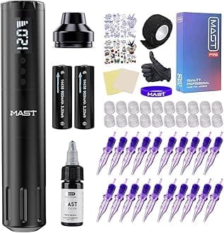 Tattoo Gun Wireless Kit, Mast A1 Pro Tattoo Pen Machine Complete Kit 20Pcs Needles Cartridges Black Tattoo Ink 2 Batteries Power Supply for Beginners