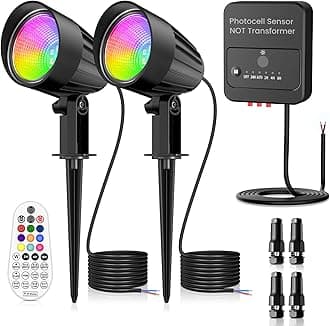 ZZXX Low Voltage Landscape Lighting Kit Outdoor Spotlight RGBW Color Changing Lights Remote Control 15W 12V-24V IP66 Waterproof Photocell Sensor for Holiday Garden Pathway Yard 2 Pack with Connectors