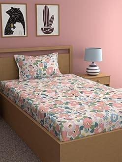 LOOMLYFE 300 TC Cotton Feel Glace Elastic Fitted Printed Single Bed Bedsheet with 1 Pillow Cover Fits Upto 6 Inches Mattress,Size- 42X75X8 Inches, Pinkflowers