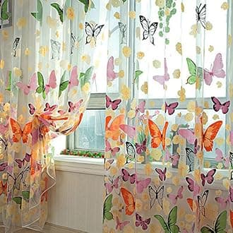 1X2M Sheer Voile Butterfly Pattern Shade Curtain Offset Print Tulle Window Door Drape Curtain for Bedroom Living Room Balcony Coffee House (2 Panels)