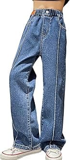 Kids Girls' Fashion Elastic Waist Wide Leg Baggy Denim Pants Straight Washed Loose Jeans Age 5-14 Years