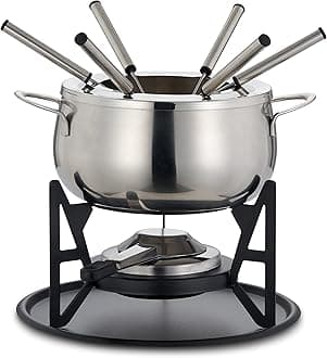 Oak & Steel - 10 Piece Stainless Steel Fondue Set with Gift Box - Chocolates, Burgundy, Cheese, Savoyard & Meat