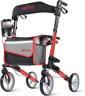 Metro Mobility Rollator Walker with Seat for Seniors, Foldable Lightweight Rolling Walker, 8" Big Wheels for All Terrain, 300 lb. Weight Capacity, Red
