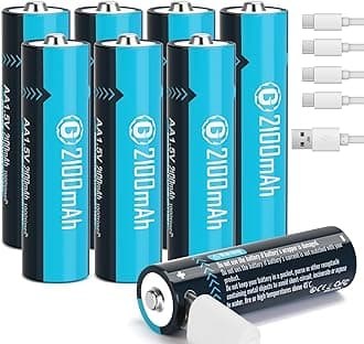 Rechargeable Lithium AA Batteries with USB-C Charging Cable, 8 Pack 1.5V 2100mAh (3150mWh) Li-ion Double A Size Battery for Blink Outdoor Camera, Xbox, Flashlights, Toys