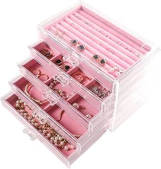 Frebeauty Extra Large Acrylic Jewelry Box for Women 5 Layers Clear Jewelry Organizer Velvet Earring Box with 5 Drawers Rings Display Case Necklaces Holder Tray for Women Girls(Pink)