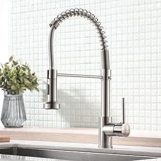 TIMACOKitchen Faucet - Spiral Spring Hose & 360° Swivelling - Matt Brushed Nickel - Single Lever Mixer Tap & Pull-Down Spray - High Pressure Tap for Sink