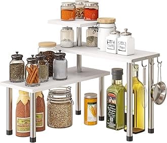 GHWIE Corner Shelf Organizer, 3 Tier Bamboo Kitchen Countertop Rack for Living Room, Office, Bookshelf Display Shelves, Space Saving Storage Shelves,White