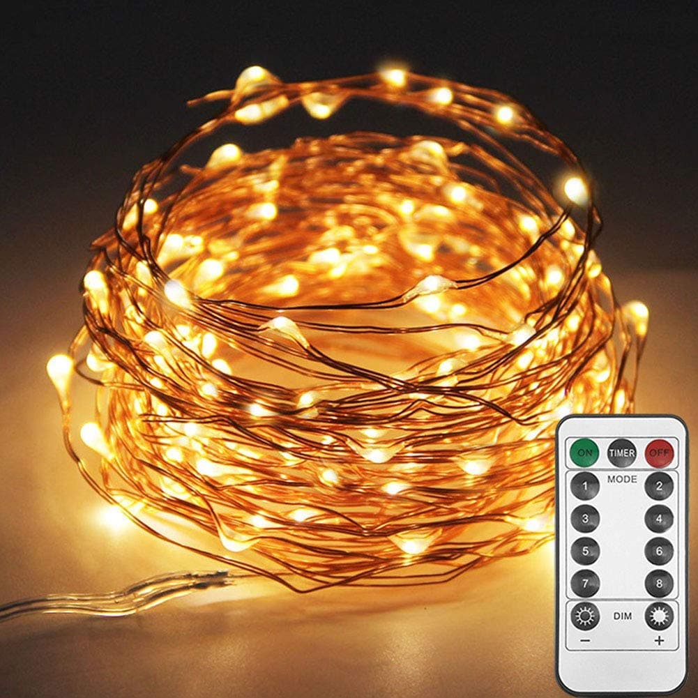 33ft 100LED Copper Wire String Lights Fairy String Lights 8 Modes USB Powered with Remote Control for Wedding Party Home Christmas Decoration, Warm White