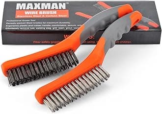 MAXMAN Wire Brush Set,Heavy Duty Carbon Steel and Stainless Steel Wire Scratch Brush for Cleaning Rust with 10" Curved Plastic Handle,2 PCs