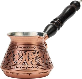 DEMMEX 2019-9 Oz Thick 2mm Copper Turkish Greek Arabic Engraved Coffee Pot Stovetop Coffee Maker Cezve Ibrik Briki with Wooden Handle & Wooden Pot Spoon, for 3 People (Matte Copper)