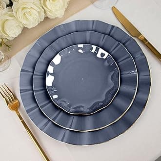 Efavormart 10 Pack | Navy Blue 6" Round Plastic Dessert Salad Plates, Disposable Appetizer Plates with Gold Wavy Rim for Wedding, Outdoor Receptions, Banquets, Holiday Dining