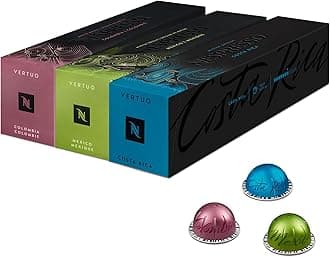 Nespresso Vertuo Coffee Pods, 30 Mixed Pack Master Origins - 10 x Mexico, 10 X Colombia, 10 X Costa Rica. Make Espressos, Cappuccino, Lattes and Iced Coffee at home. Recyclable Pods