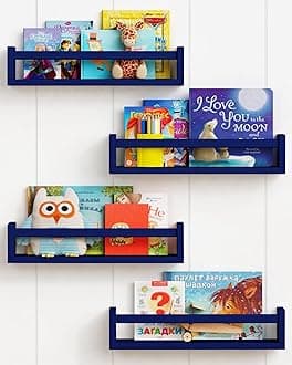 Forbena Navy Blue Floating Bookshelves for Boys' Room, Decorative Wall Shelf (Set of 4, Blue)