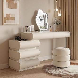 Makeup Vanity Desk with Mirror and Lights, Luxury Dressing Table with Free Retractable Side Cabinet, Microfibre Leather Wrapped Vanity Set with 5 Solid Wood Drawers, Stool-47.2in / White