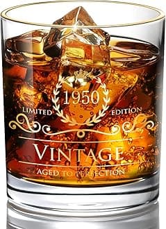 Lovinpro 1950 75th Birthday Gifts for Men/Dad/Son, Vintage Unfading 24K Gold Hand Crafted Old Fashioned Whiskey Glasses, Perfect for Gift and Home Use - 10 oz Bourbon Scotch, Party Decorations