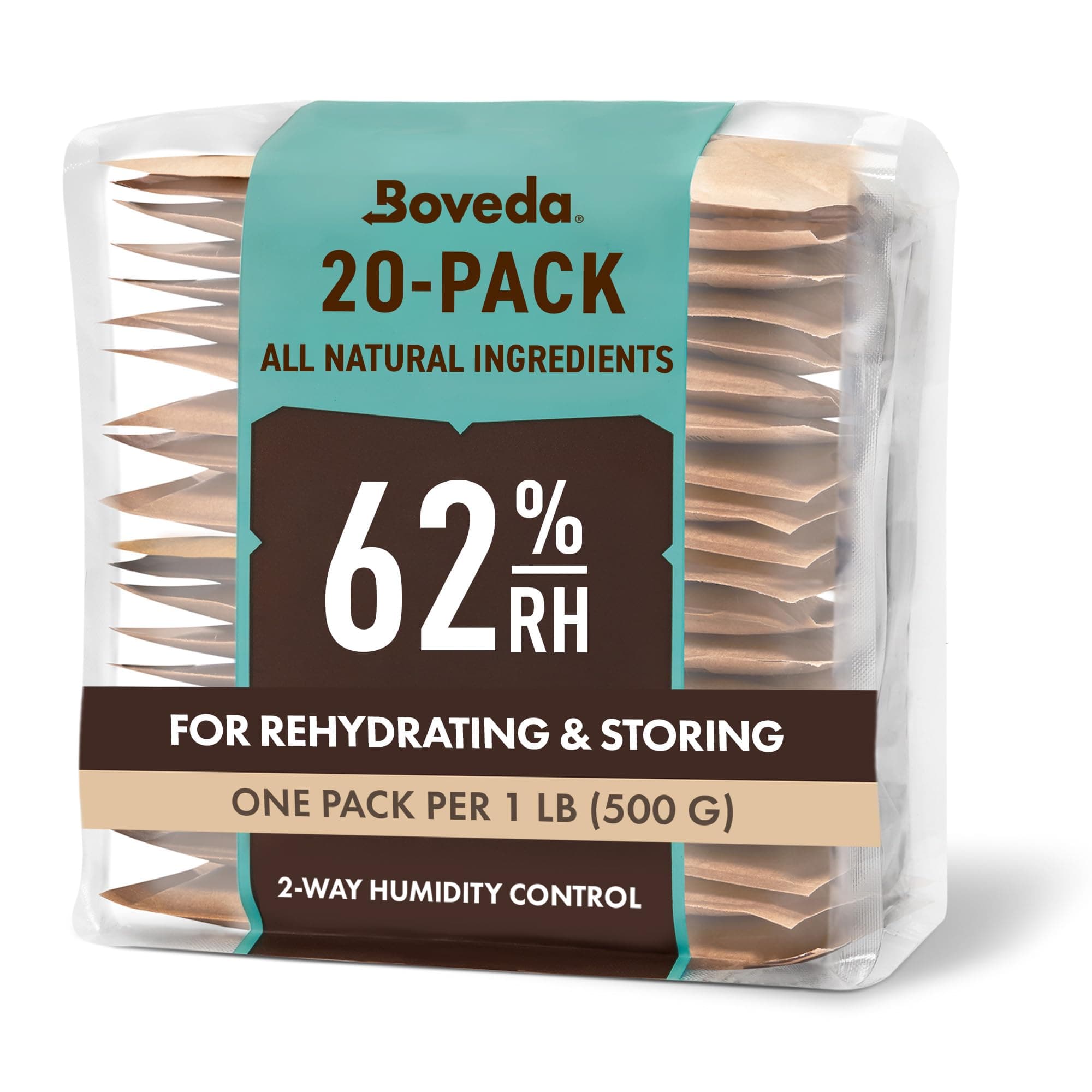 Boveda 62% Two-Way Humidity Control Packs For Storing 1 lb – Size 67 – 20 Pack – Moisture Absorbers for Storage Containers – Humidifier Packs – Hydration Packets in Resealable Bag