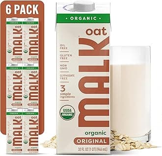 Oat Milk (32oz, Pack of 6) Original Shelf Stable Organic Oat Milk, Non GMO, Dairy Free, Vegan, Plant Based, No Gums or Fillers - Barista Malk Oatmilk for Smoothies, Cereal, Creamy Lattes & Coffee