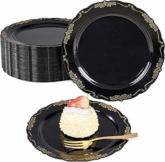 LIYH 100 Pcs Black Dessert Plates and 100 Pcs Gold Cake Forks - Black Disposable Salad Plate Wedding Cake Plate and Forks Perfect for Wedding Parties Birthdays