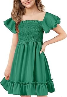 HvididanGirls Summer Dress Cute Double Layer Ruffle Sleeve Smocked Off Shoulder Dresses 5-14 Years