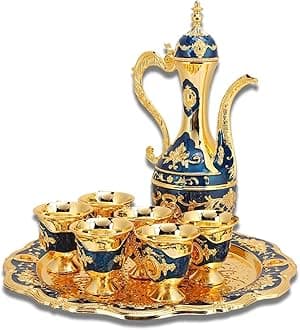 Vintage Turkish Coffee Pot Set with 6 Cups Turkish Coffee Pot Tea Set for Tea Zinc Alloy Metal Teapot Cup Set with Tray for Home Bar Tea Party Wedding