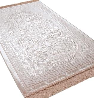 Modefa Velvet Islamic Prayer Rug with Prayer Beads Turkish Janamaz Sajadah Floral Luxury Plush (Blush Pink)