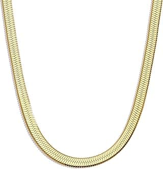 WomenGifts 14K Gold Silver Plated Herringbone Necklace for Women, Dainty Snake Chain Choker, Trendy Simple Long Layered Jewelry Non Tarnish, 3/4/5/8mm,14,16,18,20,22,24,26 Inch Thin & Chunky Options