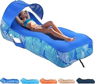 Inflatable Lounger Air Sofa with Unique Sun-Shade Design, Inflatable Beach Bed with Pillow, Waterproof Inflatable Couch Camping Chair Hammock for Hiking Backyard Travel Beach Park Picnics