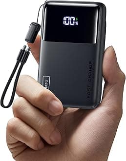 Small Portable Charger, 45W PD Fast Charging 10000mAh Power Bank, Battery Pack with Attached USB C Cable, Travel Essentials Powerbank for iPhone 17 16 15 14 Pro Air, Xiaomi, Samsung S25 S24 etc