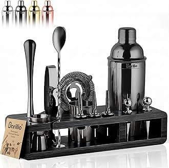 Black Bartender Kit - Stainless-Steel Cocktail Shaker Set w/Black Bamboo Stand - Mixology Bar Tools w/Drink Shaker, Mixer and Muddler for Cocktails - Home Bar Accessories - 23-Pc Bar Set