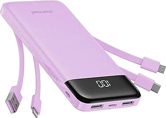 Portable Charger with Built in Cables, Portable Charger with Cords Wires Slim 10000mAh Travel Essentials Battery Pack 6 Outputs 3A High Speed Power Bank for iPhone Samsung Pixel LG Moto iPad (Purple)