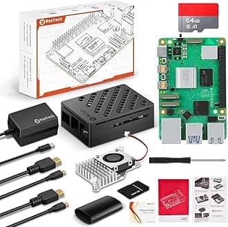 RasTech Raspberry Pi 5 8GB Kit 64GB Edition with Active Cooler,27W GaN 5.1V5A USB-C Power Supply,Pi5 8GB Board,64GB Card Readers Kit,Pi 5 Case,Dual 4K Micro HD Out Cables and User Manual