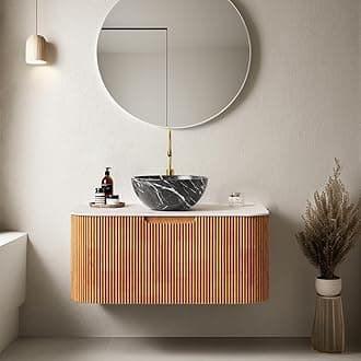 30 inch Bathroom Vanity with Sink, Floating Vanities with Ultra-Thin Marble Ceramic Basin and Countertop, Extra Large Storage Drawer, Soft-Close Design, Pre-Assembled Cabinet, Nature Wood with Black