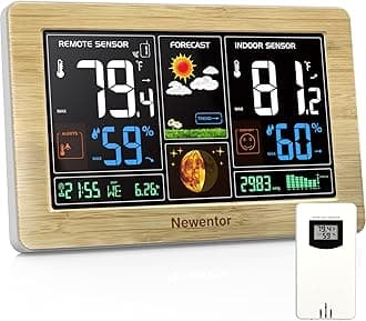 Newentor Weather Station Wireless Indoor Outdoor Thermometer, Color Display Digital Weather Thermometer with Atomic Clock, Barometric Pressure, Forecast Station with Adjustable Backlight, Wood