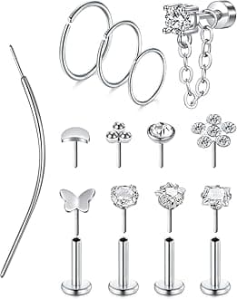 20g 16g Cartilage Earrings for Women Silver Gold Helix Piercing Jewelry Surgical Steel Hypoallergenic Flat Back Earrings Cartilage Hoop for Women Forward Helix Earring Tragus Jewelry Screw Back