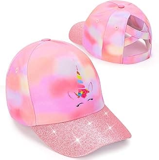 Girls Glitter Baseball Cap Kids Ponytail Hat Adjustable Summer Mesh Trucker Hats for 4-12 Years