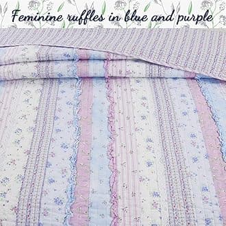 Cozy Line Home Fashions Raelynn Lavender Lace Orchid Light Purple Blue Flower Print Stripe Cotton 3D Bedding Quilt Set, Reversible Coverlet, Bedspread for Girls Women (Queen - 3 Piece)