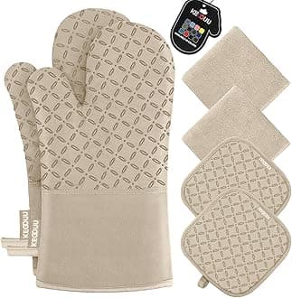 KEGOUU Oven Mitts and Pot Holders 6pcs Set, Kitchen Oven Glove High Heat Resistant 500 Degree Extra Long Oven Mitts and Potholder with Non-Slip Silicone Surface for Cooking (Almond)