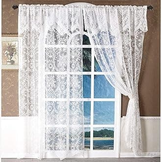 WUBODTI White Lace Curtains with Attached Valances 2 Panels 63 Inch Length, Floral Embroidered Semi Sheer Small Drapes Rod Pocket Decorative Victorian Window Treatments for Kids Bedroom Kitchen