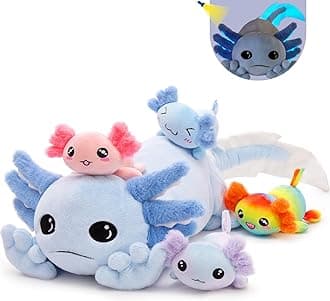 Axolotl Plush with 4 Babies, 31.5" Cute Big Axolotl Stuffed Animals Luminous Axolotl Plushies Soft Toy Birthday Gifts for Girlfriends Kids,Blue(Glow in The Dark)
