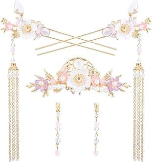 5pcs Flower Tassels Hairpin for Women, Non-Slip Rhinestone Pearl Clover Hair Clips Headpiece, Retro Chinese Hanfu Wedding Brides Hair Accessories for Long Hair