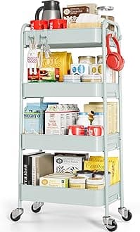 TOOLF Rolling Storage Cart, 4 Tier Metal Utility Cart with Wheels & Hooks, Craft Art Rolling Organizer, Easy Assembly Mobile Carts for Bathroom Kitchen Kids' Room Bedroom Classroom Dorm Green