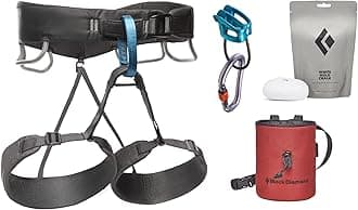 Black Diamond Mens Momentum Rock Climbing Harness Package with Harness, Chalk Bag, Chalk, Locking Carabiner, and Belay Device