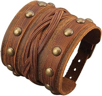 Jeilwiy Punk Leather Wristbands for Men Bracelets Handmade Wide Cuff Bangle Braided Jewelry Black Brown Adjustable - Punk Father's Gifts