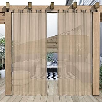 Outdoor Curtain for Patio, Khaki Linen Look Semi-Sheer Curtains Waterproof Light Filtering Voile Outside Grommet Drapes for Pergola Balcony Pool Indoor 2 Panels, W100 x L108