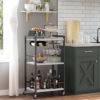 TUTOTAK Bar Cart, Home Bar Serving Cart, Small Wine Cart with 3-Tier Shelf, Beverage cart, Drink Cart with Wine Rack and Glass Holder, Rolling bar carts for Home, Living Room, Marble White BC01BM035