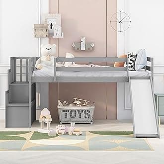 Bellemave Low Loft Bed for Kids,Twin Size Loft Bed with Slide and Storage Staircase,Wood Loft Bed Frame for Boys Girls Teens(Gray)